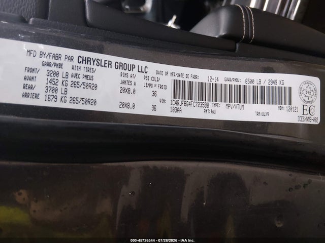 Продажа на аукционе авто 2015 Jeep Grand Cherokee Limited, vin: 1C4RJFBG4FC723598, номер лота: 45726544