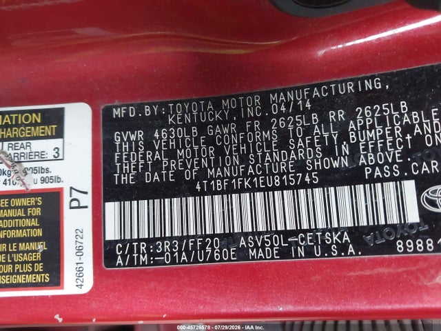 45726578 :رقم المزاد ، 4T1BF1FK1EU815745 vin ، 2014 Toyota Camry Se مزاد بيع