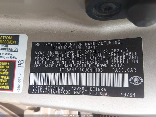 Продаж на аукціоні авто 2012 Toyota Camry Le, vin: 4T1BF1FK7CU011186, номер лоту: 45726579