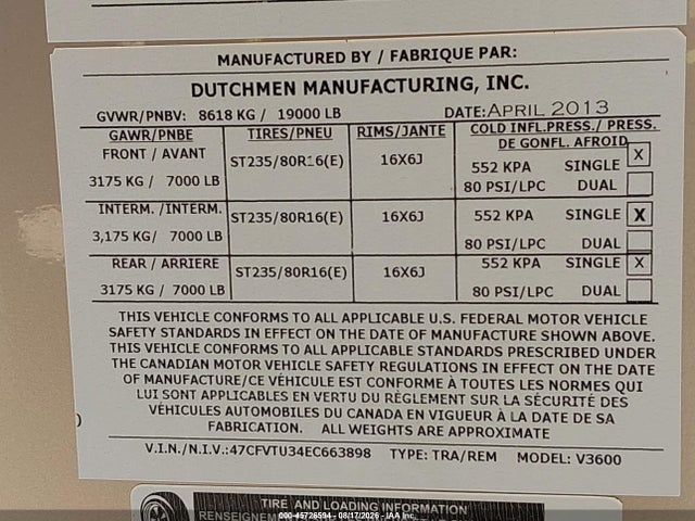 45726594 :رقم المزاد ، 47CFVTU34EC663898 vin ، 2014 Dutchmen Voltage مزاد بيع