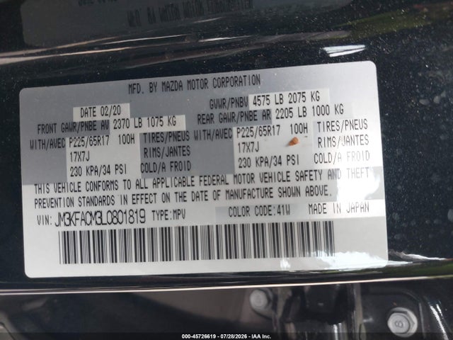 Aukcja sprzedaży 2020 Mazda Cx-5 Touring, vin: JM3KFACM3L0801819, numer aukcji: 45726619