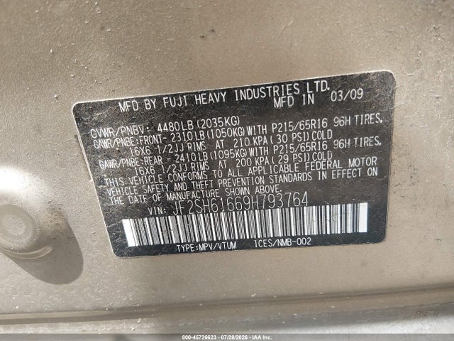 2009 Subaru Forester 2.5x მანქანა იყიდება აუქციონზე, vin: JF2SH61669H793764, აუქციონის ნომერი: 45726623