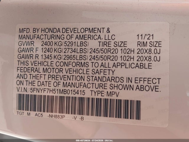 Продажа на аукционе авто 2021 Honda Passport 2wd Ex-l, vin: 5FNYF7H51MB015415, номер лота: 45726634