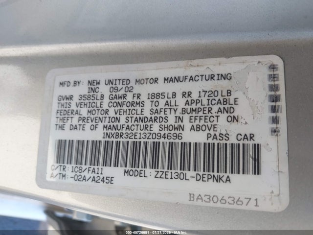 Продаж на аукціоні авто 2003 Toyota Corolla Le, vin: 1NXBR32E13Z094696, номер лоту: 45726651