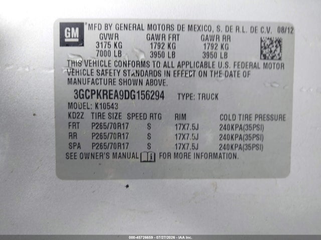 45726659 :رقم المزاد ، 3GCPKREA9DG156294 vin ، 2013 Chevrolet Silverado 1500 Ls مزاد بيع