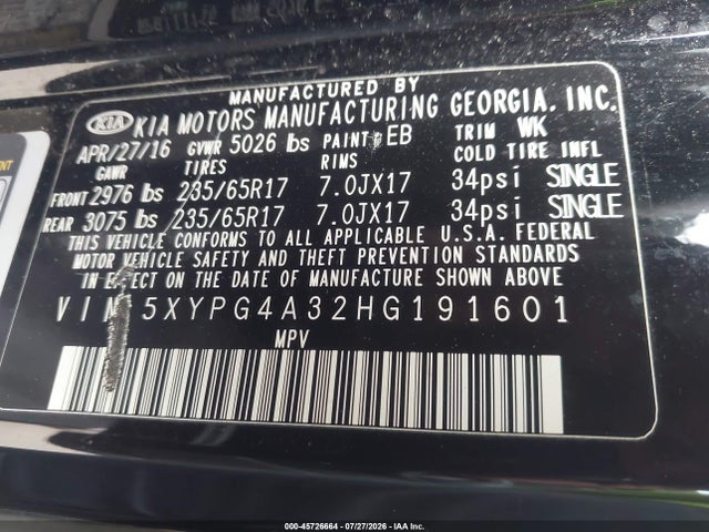 Продаж на аукціоні авто 2017 Kia Sorento 2.4l Lx, vin: 5XYPG4A32HG191601, номер лоту: 45726664