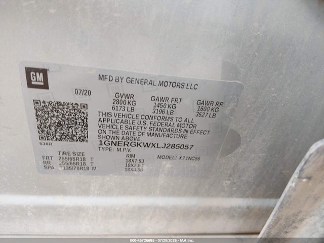 Aukcja sprzedaży 2020 Chevrolet Traverse Fwd Lt Cloth, vin: 1GNERGKWXLJ285057, numer aukcji: 45726685