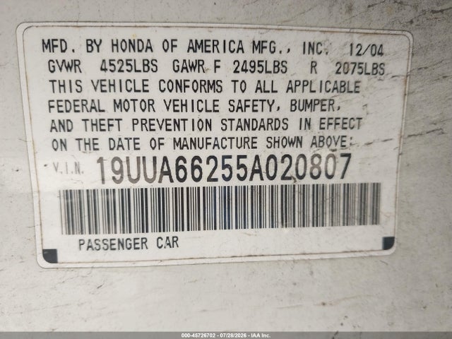 45726702 :رقم المزاد ، 19UUA66255A020807 vin ، 2005 Acura Tl مزاد بيع