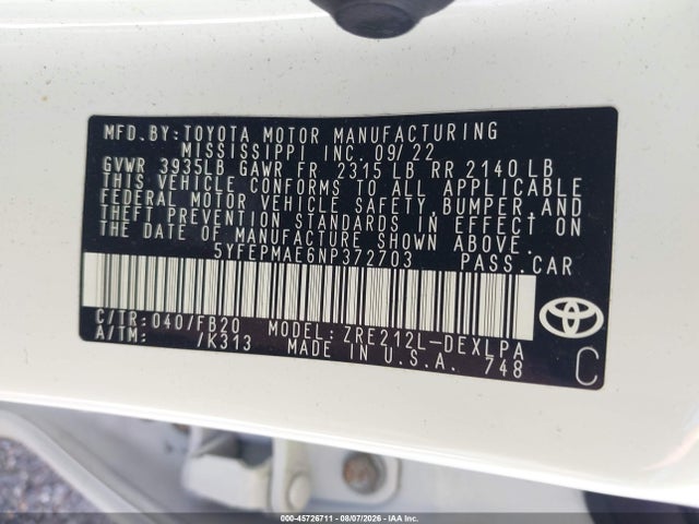2022 Toyota Corolla Le მანქანა იყიდება აუქციონზე, vin: 5YFEPMAE6NP372703, აუქციონის ნომერი: 45726711