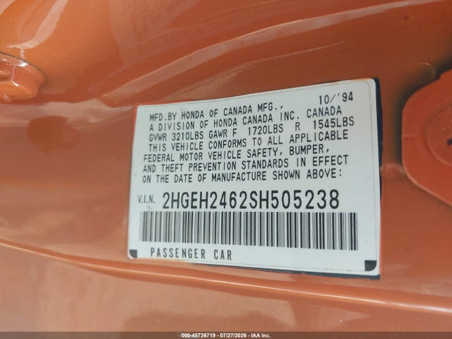 45726719 :رقم المزاد ، 2HGEH2462SH505238 vin ، 1995 Honda Civic Dx مزاد بيع