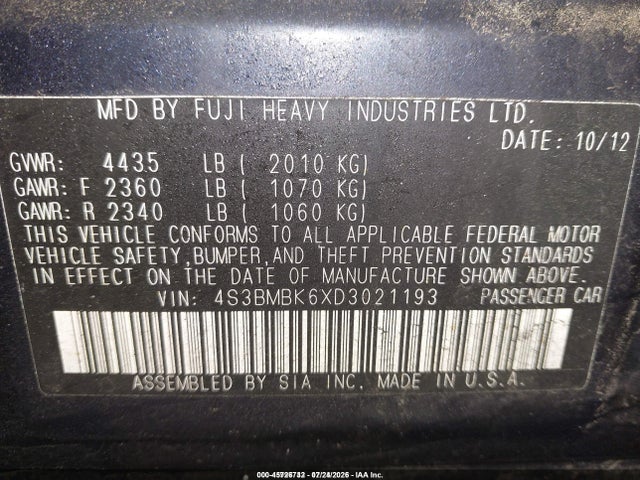 45726732 :رقم المزاد ، 4S3BMBK6XD3021193 vin ، 2013 Subaru Legacy 2.5i Limited مزاد بيع