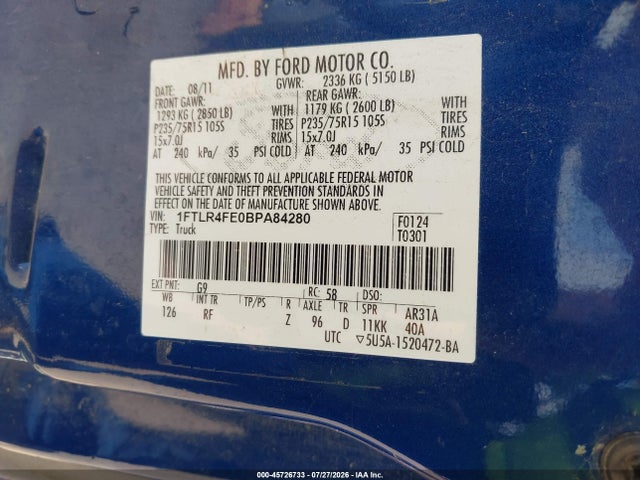 Продаж на аукціоні авто 2011 Ford Ranger Xlt, vin: 1FTLR4FE0BPA84280, номер лоту: 45726733