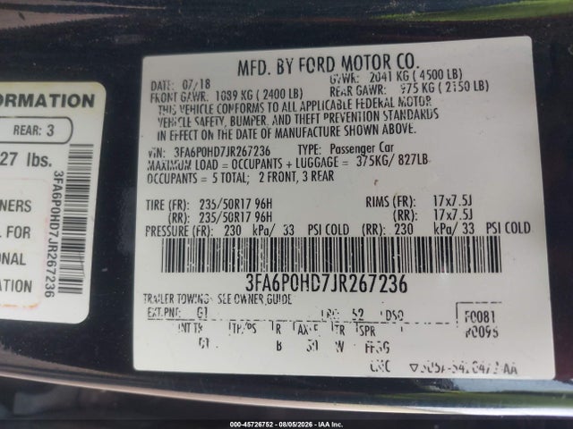45726752 :رقم المزاد ، 3FA6P0HD7JR267236 vin ، 2018 Ford Fusion Se مزاد بيع