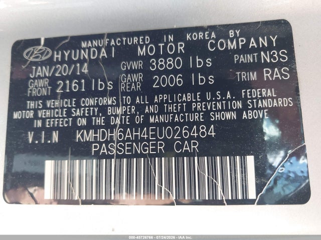 Aukcja sprzedaży 2014 Hyundai Elantra, vin: KMHDH6AH4EU026484, numer aukcji: 45726766