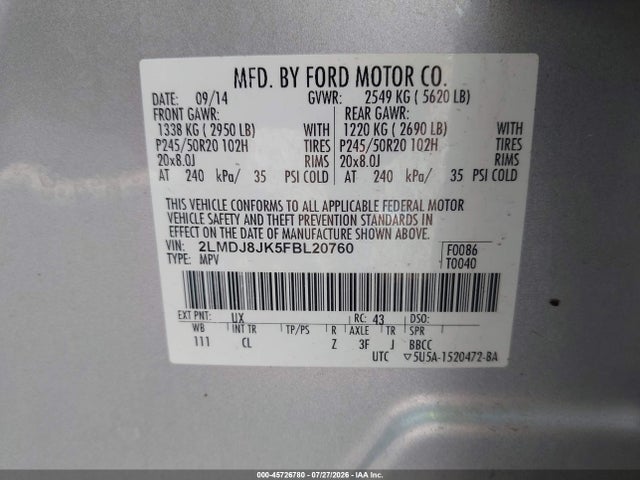 45726780 :رقم المزاد ، 2LMDJ8JK5FBL20760 vin ، 2015 Lincoln Mkx مزاد بيع