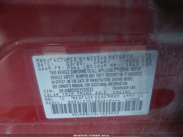 3N1AB8CV3LY233033 Nissan Sentra Sv Xtronic Cvt