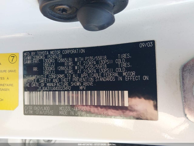 Aukcja sprzedaży 2004 Lexus Rx 330, vin: JTJGA31U440023492, numer aukcji: 45726792