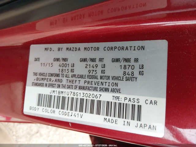 45726793 :رقم المزاد ، JM1BM1U78G1302067 vin ، 2016 Mazda Mazda3 مزاد بيع