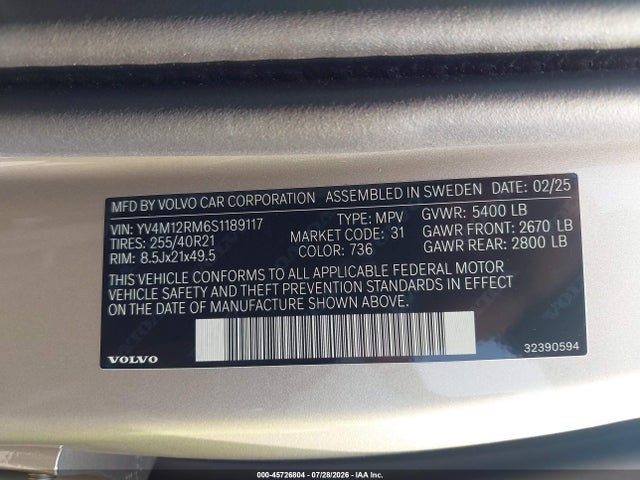 Продаж на аукціоні авто 2025 Volvo Xc60 B5 Ultra, vin: YV4M12RM6S1189117, номер лоту: 45726804
