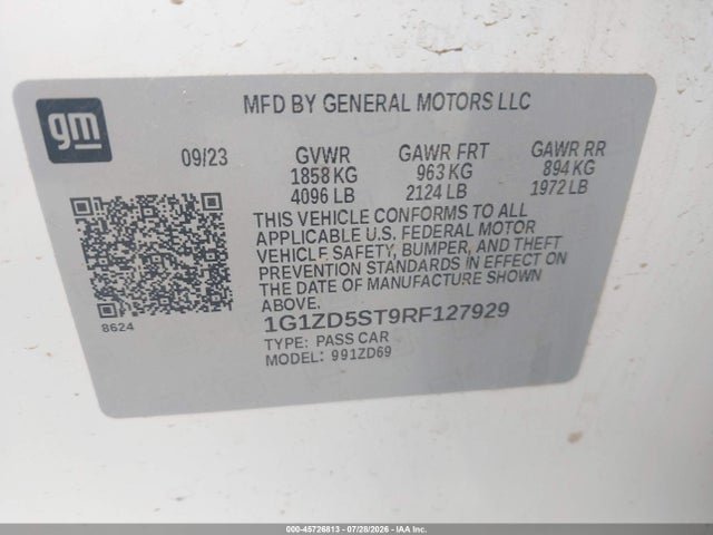 2024 Chevrolet Malibu Fwd 1lt მანქანა იყიდება აუქციონზე, vin: 1G1ZD5ST9RF127929, აუქციონის ნომერი: 45726813