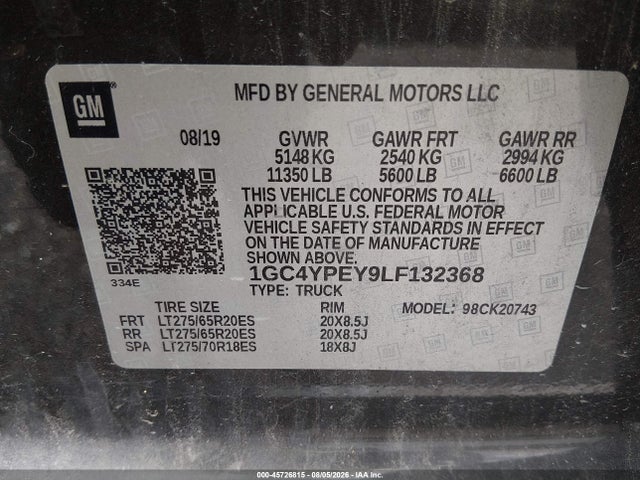 45726815 :رقم المزاد ، 1GC4YPEY9LF132368 vin ، 2020 Chevrolet Silverado 2500hd 4wd  Standard Bed Ltz مزاد بيع