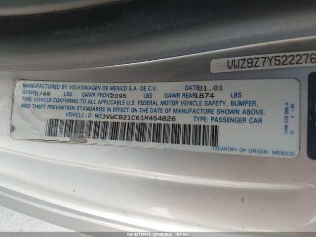 Aukcja sprzedaży 2001 Volkswagen New Beetle Gls, vin: 3VWCB21C61M454826, numer aukcji: 45726833