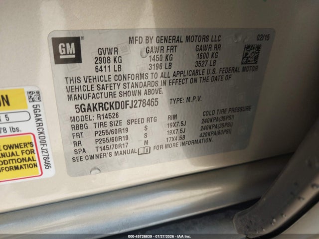 45726839 :رقم المزاد ، 5GAKRCKD0FJ278465 vin ، 2015 Buick Enclave Premium مزاد بيع