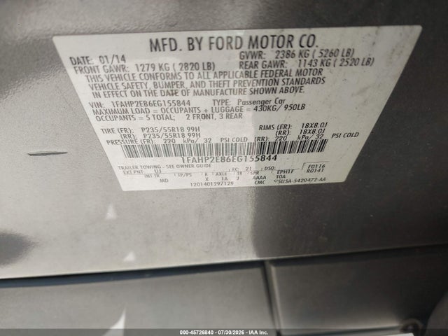 Auction sale of the 2014 Ford Taurus Sel, vin: 1FAHP2E86EG155844, lot number: 45726840