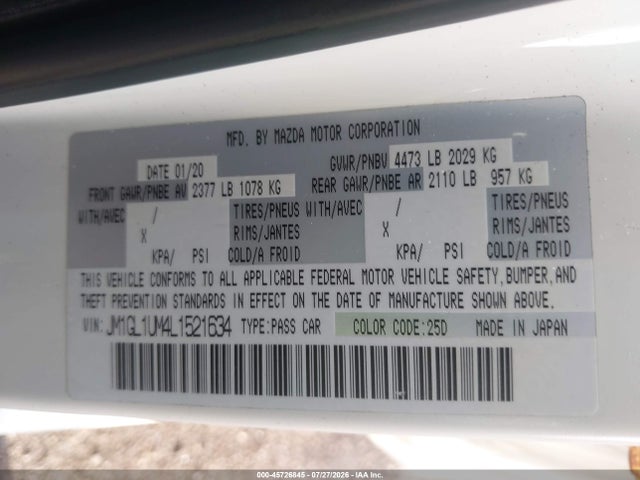 Продажа на аукционе авто 2020 Mazda Mazda6 Sport, vin: JM1GL1UM4L1521634, номер лота: 45726845