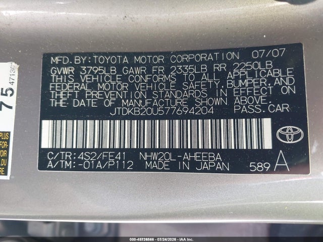 45726846 :رقم المزاد ، JTDKB20U577694204 vin ، 2007 Toyota Prius مزاد بيع