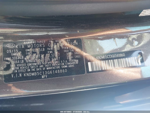 2016 Kia Sedona Lx მანქანა იყიდება აუქციონზე, vin: KNDMB5C13G6148860, აუქციონის ნომერი: 45726863