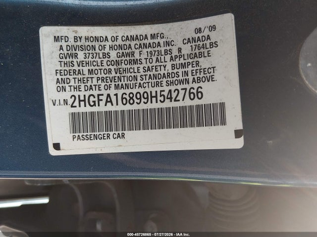 45726865 :رقم المزاد ، 2HGFA16899H542766 vin ، 2009 Honda Civic Ex مزاد بيع
