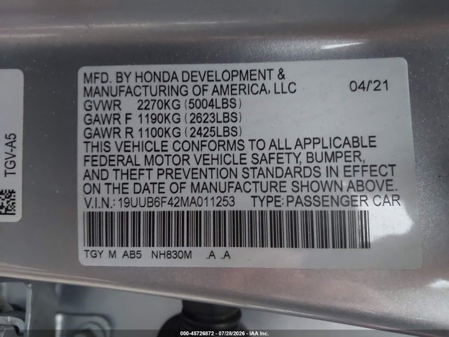 Aukcja sprzedaży 2021 Acura Tlx Technology Package, vin: 19UUB6F42MA011253, numer aukcji: 45726872