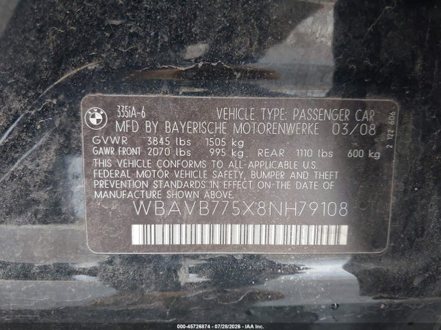 45726874 :رقم المزاد ، WBAVB775X8NH79108 vin ، 2008 Bmw 335i مزاد بيع