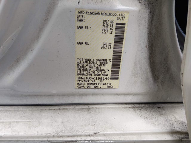 2017 Nissan Altima 2.5 Sr მანქანა იყიდება აუქციონზე, vin: 1N4AL3AP5HC199149, აუქციონის ნომერი: 45726879
