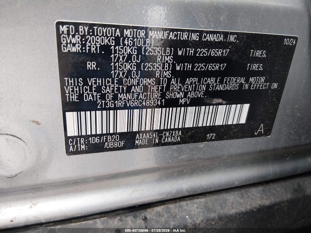 2024 Toyota Rav4 Le მანქანა იყიდება აუქციონზე, vin: 2T3G1RFV6RC489341, აუქციონის ნომერი: 45726896
