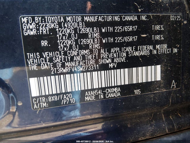 Продаж на аукціоні авто 2025 Toyota Rav4 Hybrid Xle, vin: 2T3RWRFV4SW273311, номер лоту: 45726912