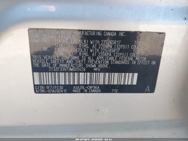 Продаж на аукціоні авто 2009 Toyota Rav4, vin: 2T3ZF33V79W005428, номер лоту: 45726915