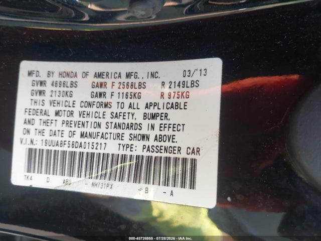 45726955 :رقم المزاد ، 19UUA8F58DA015217 vin ، 2013 Acura Tl 3.5 مزاد بيع