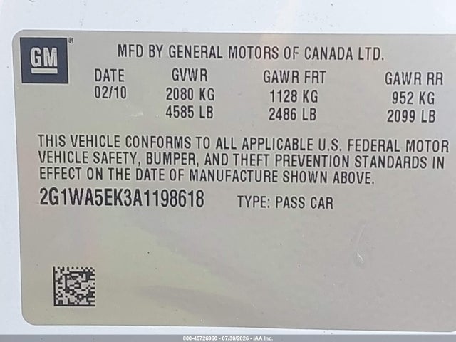 2010 Chevrolet Impala Ls მანქანა იყიდება აუქციონზე, vin: 2G1WA5EK3A1198618, აუქციონის ნომერი: 45726960