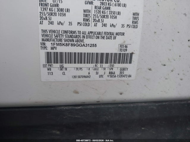 Ford Explorer Limited 2016 1FM5K8F89GGA31255 Image 9