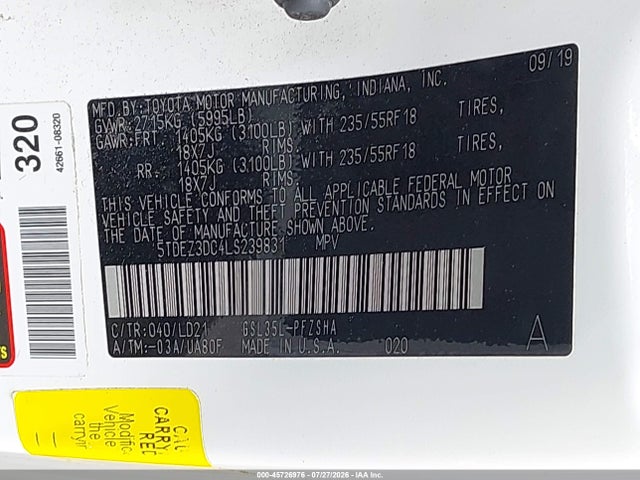 Продажа на аукционе авто 2020 Toyota Sienna Se Premium, vin: 5TDEZ3DC4LS239831, номер лота: 45726976