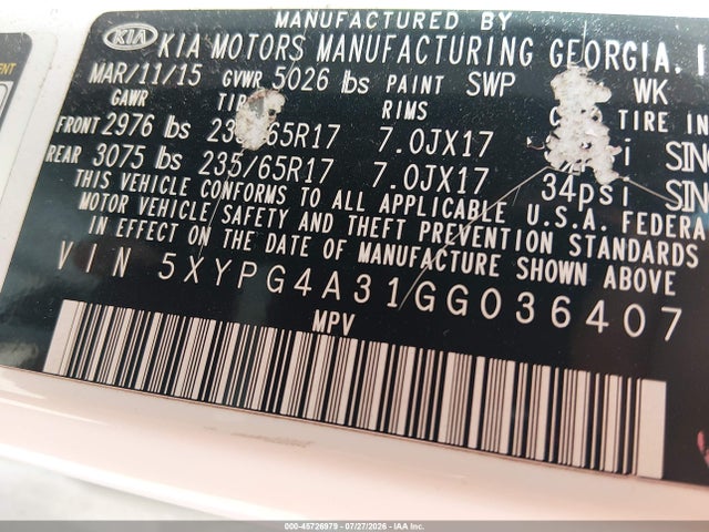 KIA Sorento 2.4l Lx 2016 5XYPG4A31GG036407 Image 9