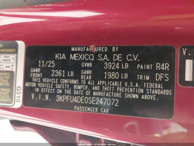 45726997 :رقم المزاد ، 3KPFU4DE0SE247072 vin ، 2025 Kia K4 Ex مزاد بيع