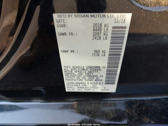 Aukcja sprzedaży 2019 Nissan Altima 2.5 S, vin: 1N4BL4BW6KC150632, numer aukcji: 45726998