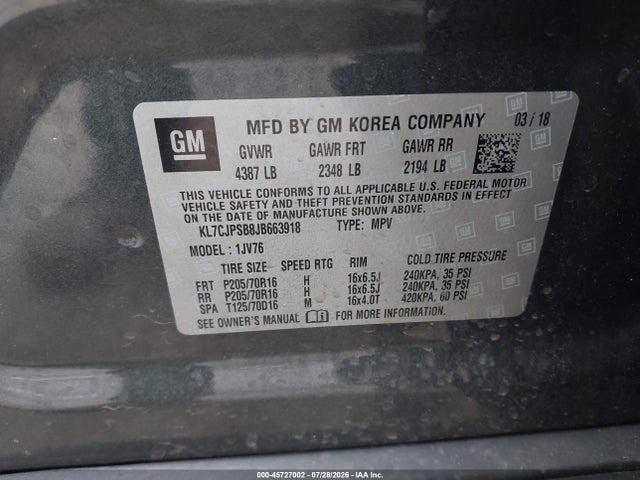 Aukcja sprzedaży 2018 Chevrolet Trax Lt, vin: KL7CJPSB8JB663918, numer aukcji: 45727002
