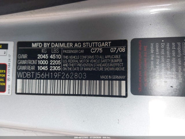 Aukcja sprzedaży 2009 Mercedes-benz Clk 350, vin: WDBTJ56H19F262803, numer aukcji: 45727003