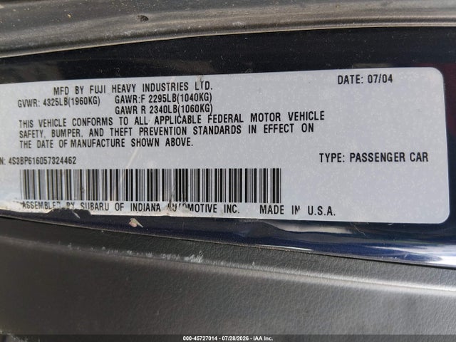Aukcja sprzedaży 2005 Subaru Legacy 2.5i, vin: 4S3BP616057324462, numer aukcji: 45727014