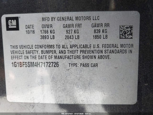 1G1BF5SM4H7172726 Chevrolet Cruze Premier Auto
