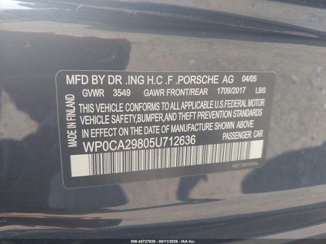 Aukcja sprzedaży 2005 Porsche Boxster, vin: WP0CA29805U712636, numer aukcji: 45727028